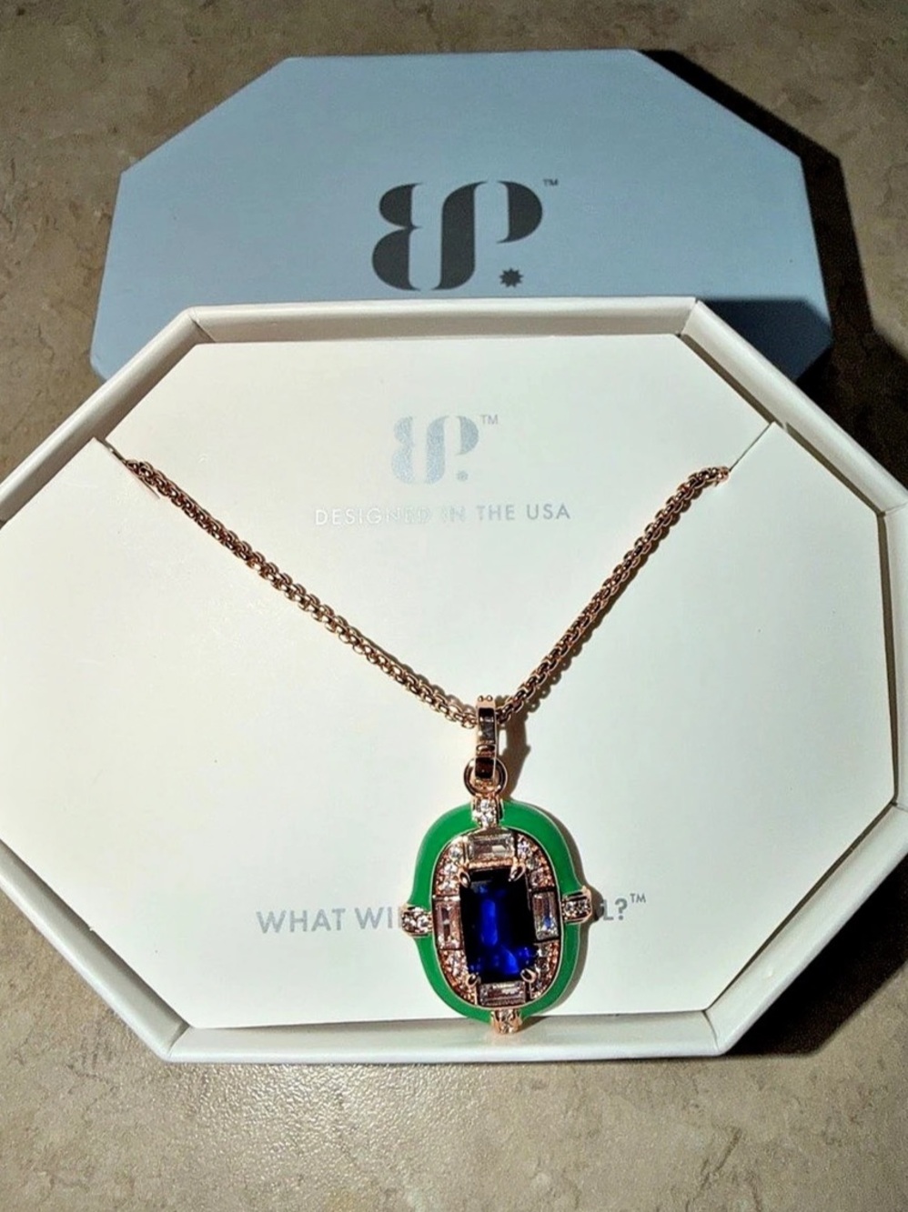 Bomb Party Necklace-Tan Lines & Sparkle Burma Blue Soinel on Rose Gold NK38599